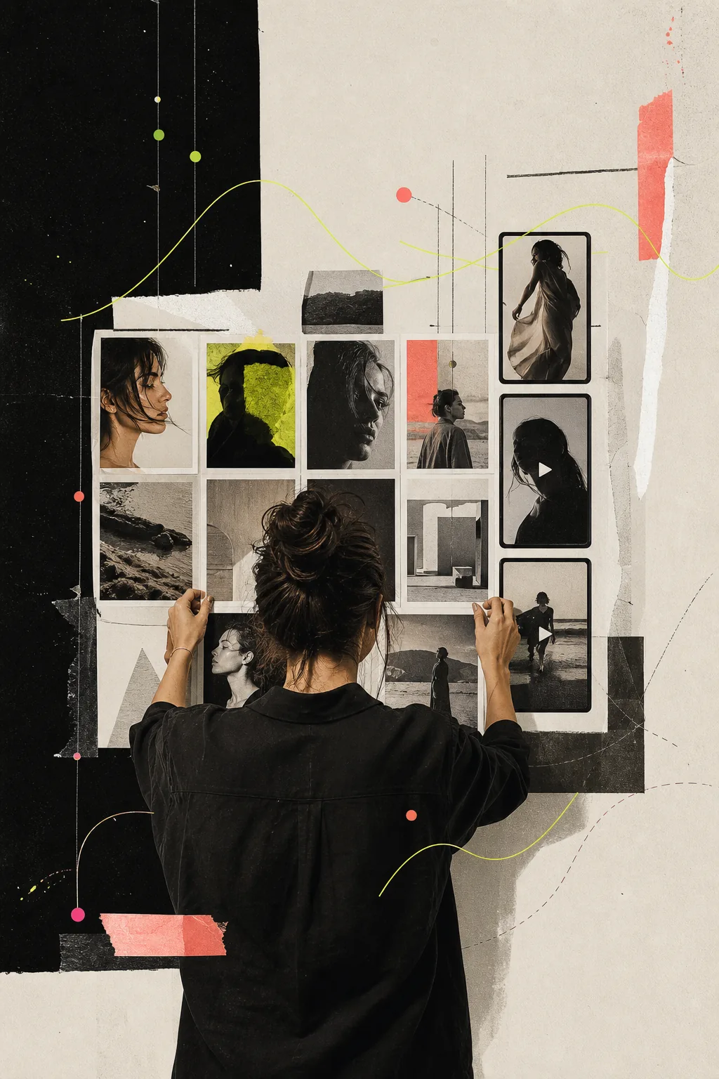 Creator arranging a contact sheet of photographs, carousels, and short video frames
