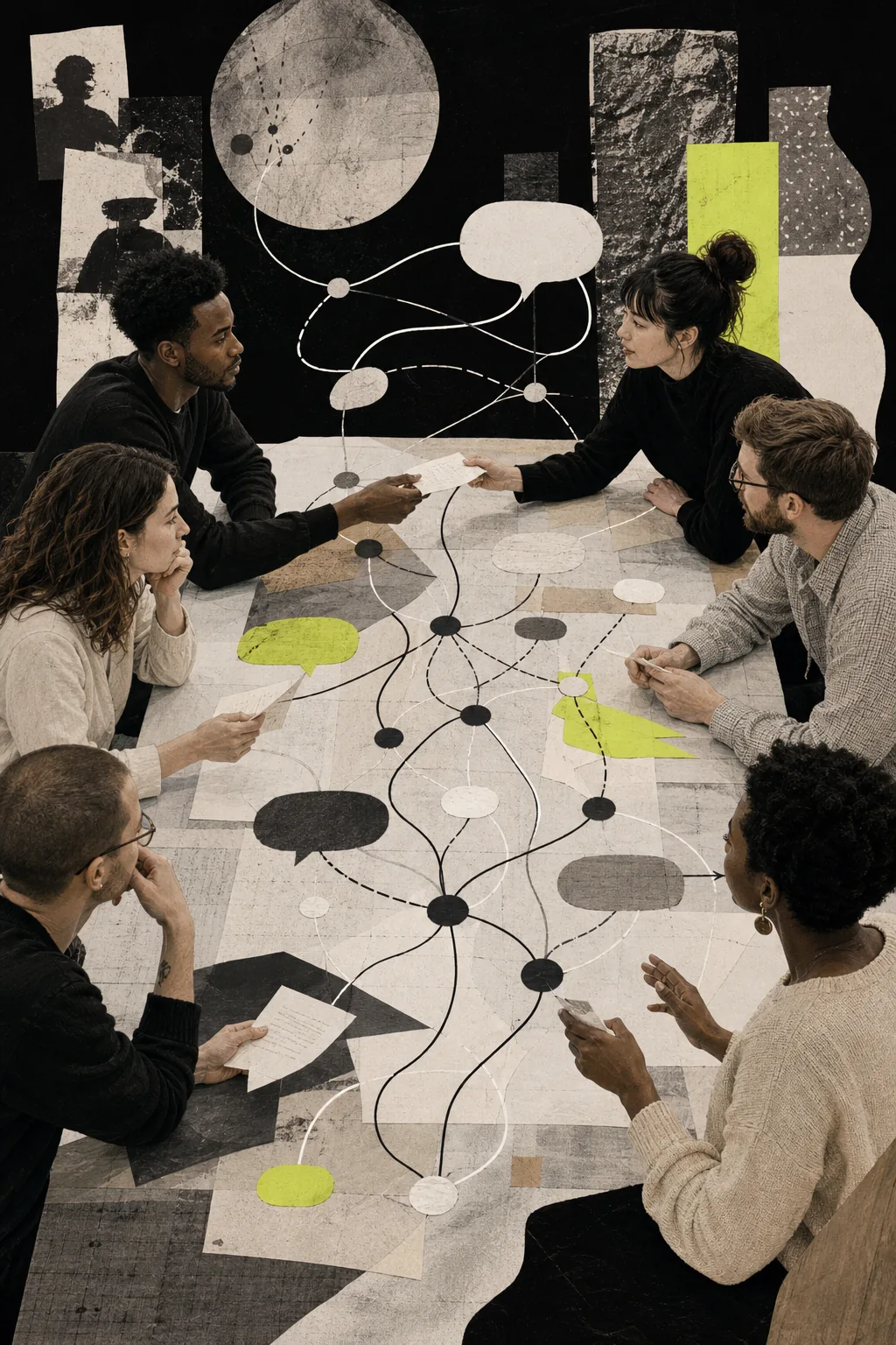 People exchanging ideas around a branching conversation map