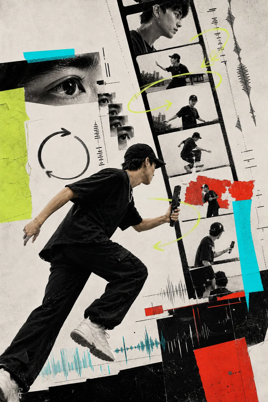 Short-form video creator moving through vertical sequences, loops, and rhythm marks