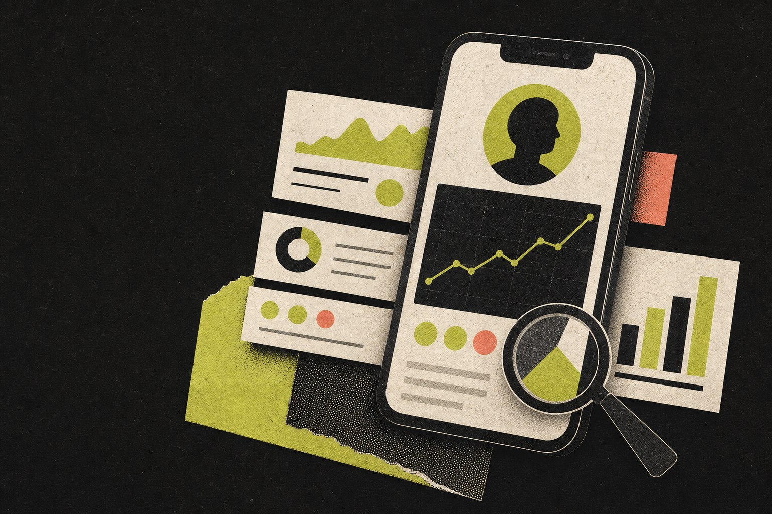 Editorial illustration of a social profile, analytics charts, and a magnifying glass